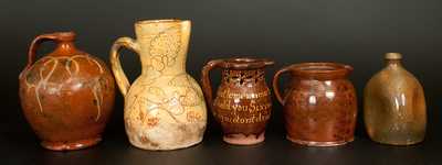 Lot of Five: Assorted Redware Vessels incl. 1834 English Puzzle Jug