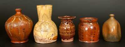 Lot of Five: Assorted Redware Vessels incl. 1834 English Puzzle Jug