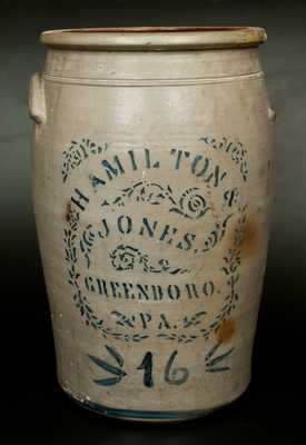 16 Gal. HAMILTON & JONES / GREENSBORO, PA Stoneware Crock with Stenciled Decoration