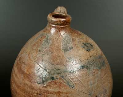 Unusual New York State Stoneware Jug w/ Incised Bird and Floral Decoration