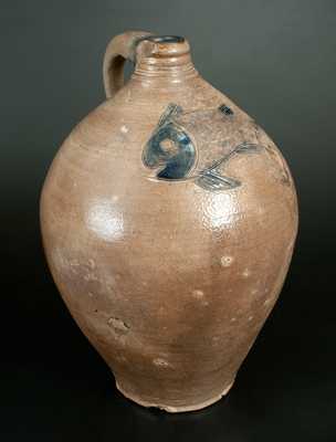 Exceptional Large Ovoid Stoneware Jug w/ Incised Fish Design, Manhattan, c1800