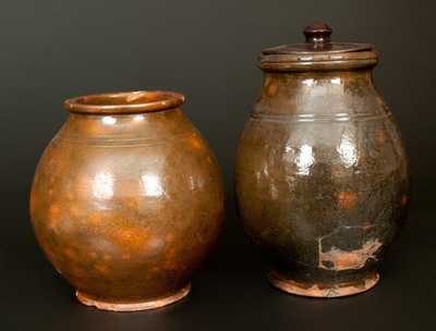 Lot of Two: Early Ovoid Redware Jars, New England origin