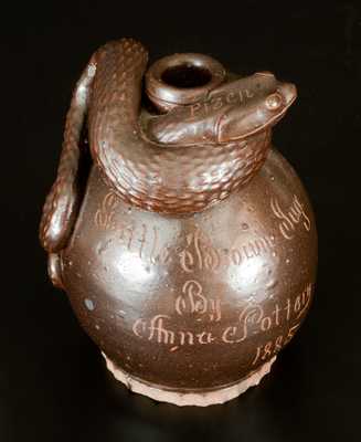 Exceptional Anna Pottery Stoneware Snake Jug, Incised 