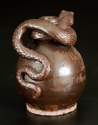 Exceptional Anna Pottery Stoneware Snake Jug, Incised 