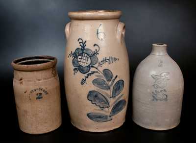 Lot of Three: C. W. BRAUN / BUFFALO, NY Stoneware Churn, Gardiner, ME Jug w/ Impressed Eagle / Swan, 2 Gal. Churn