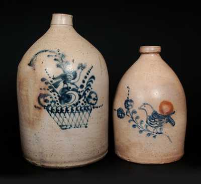 Lot of Two: Northeastern U.S. Stoneware Jugs with Unusual Bird and Floral Decorations