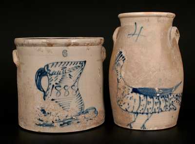 Lot of Two: New York State Goony Bird Churn and Crock with Pitcher Design, Dated 1888