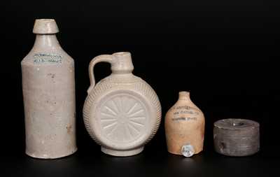 Lot of Four: Stoneware Vessels incl. BOSTON Miniature Advertising Jug, Early Inkwell, Molded Jug, and Bottle