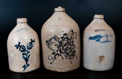 Lot of Three: WHITES UTICA Stoneware Jugs with Floral Decoration