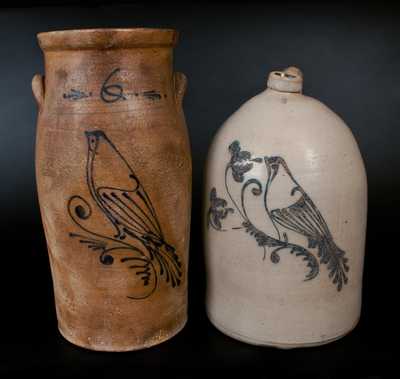 Lot of Two: Stoneware Churn and Jug w/ Large Bird Decoration, both att. Flack & Van Arsdale, Cornwall, Ontario