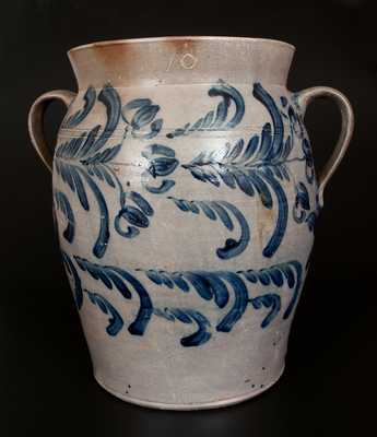 Monumental 10 Gal. Open-Handled Baltimore Stoneware Jar w/ Profuse Cobalt Floral Decoration