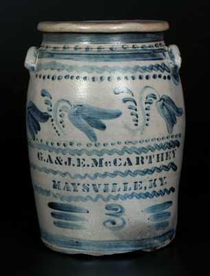 Rare Stoneware Crock Stenciled G.A. & J.E. McCARTHEY / MAYSVILLE, KY w/ Profuse Cobalt Floral Decoration, Greensboro, PA, origin