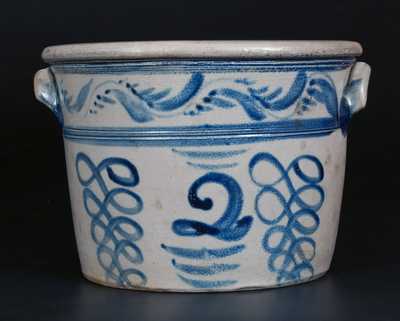 Rare 2 Gal. BOUGHNER / GREENSBORO, PA Stoneware Handled Bowl w/ Profuse Cobalt Decoration