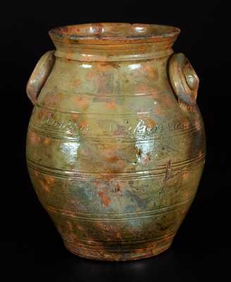 Extremely Rare Whately, MA Redware Presentation Crock Made by Potter Lemuel A. Wait for Future Wife Louisa Dickinson