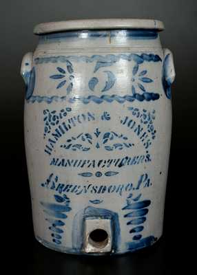 5 Gal. HAMILTON & JONES / GREENSBORO, PA Stoneware Water Cooler w/ Stenciled and Freehand Decoration
