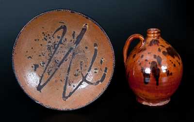 Two Pieces of American Redware, Jug and Plate, 19th century.
