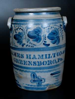 Four-Gallon JAMES HAMILTON & CO / GREENSBORO, Pa. Stoneware Jar w/ Elaborate Cobalt Freehand Decoration