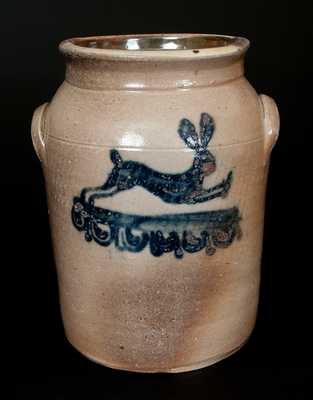 Very Rare Stoneware Jar w/ Cobalt Running Rabbit Decoration, Northeastern U.S. origin, possibly New Jersey