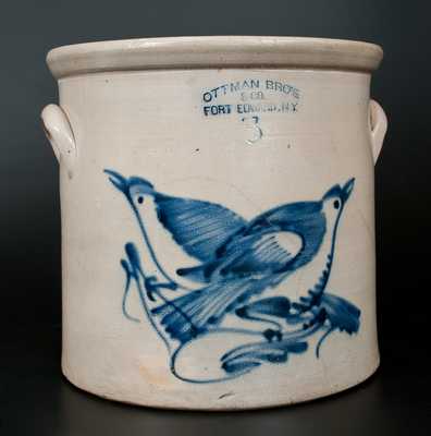 OTTMAN BRO'S. / & CO. / FORT EDWARD, N.Y. Stoneware Crock w/ Cobalt Double Bird Decoration