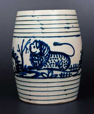 Extremely Rare and Important J. & E. NORTON / BENNINGTON, VT Stoneware Water Cooler w/ Lion, Deer, Houses, Trees and Fences Decoration