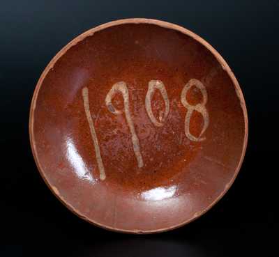Rare Slip-Decorated Redware Plate, probably PA origin, Dated 1908