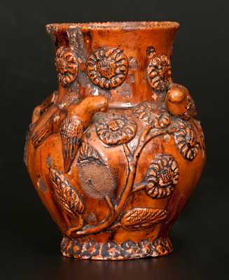 Rare Anthony W. Bacher / 1850 Redware Vase w/ Applied Birds and Flowers