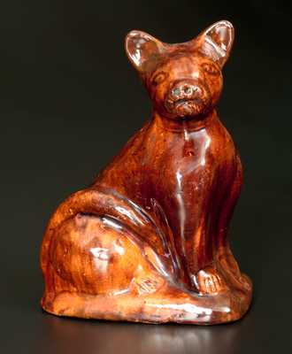 Very Rare Glazed Redware Cat Figure att. John Bell, Waynesboro, PA