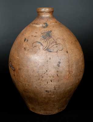 Unusual Three-Gallon Ohio Stoneware Jug with Incised Sunflower Decoration