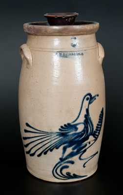 5 Gal. WHITES UTICA Stoneware Churn w/ Slip-Trailed Bird Decoration