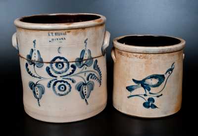 Lot of Two: S. T. BREWER / HAVANA 6 Gal. Stoneware Crock, att. Fulper Bros. (Flemington, NJ) Stoneware Bird Crock