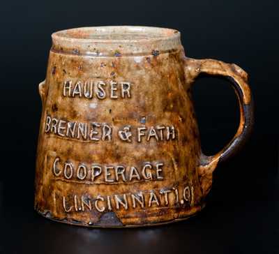 Rare Rustic Redware Mug Advertising Cincinnati, OH, HAUSER, BRENNER & FATH Cooperage Works