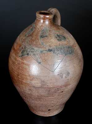 Unusual New York State Stoneware Jug w/ Incised Bird and Floral Decoration