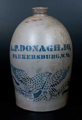 2 Gal. A. P. DONAGHHO / PARKERSBURG, WV Stoneware Jug w/ Large Stenciled Eagle Decoration