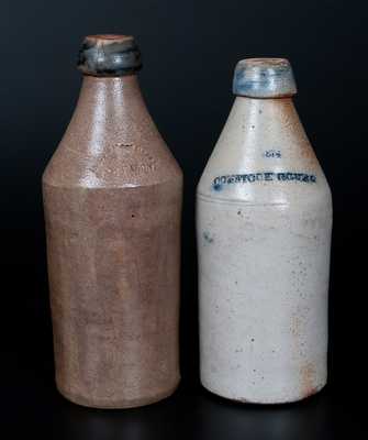 Lot of Two: Stoneware Bottles with Cobalt-Dipped Spouts, 1874 / COMSTOCK COVE and Boston Root Beer / F. GLEASON