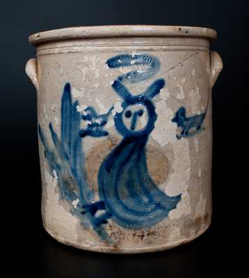 Extremely Rare H. B. PFALTZGRAFF / YORK, PA Stoneware Crock w/ Owl and Dogs Decoration
