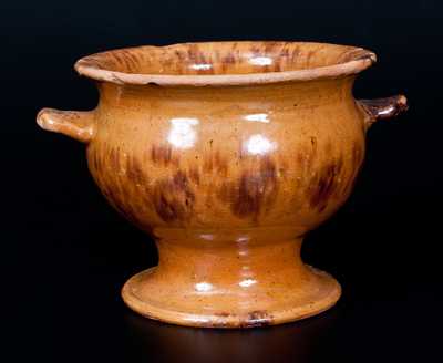 Unusual Pennsylvania Redware Sugar Bowl with Flower-Stamped Handles