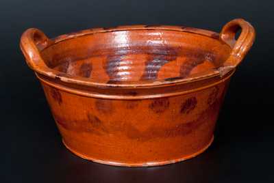 Large Redware Handled Tub with Manganese Stripes