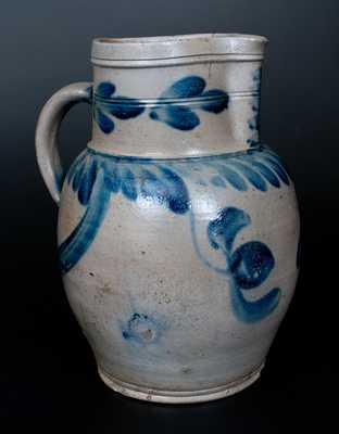 2 Gal. Bulbous Stoneware Pitcher with Hanging Tulip Decoration, Southeastern PA origin