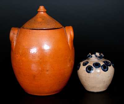 Lot of Two: North Carolina Redware incl. JUGTOWN Lidded Jar and Flower Frog att. Hilton Pottery