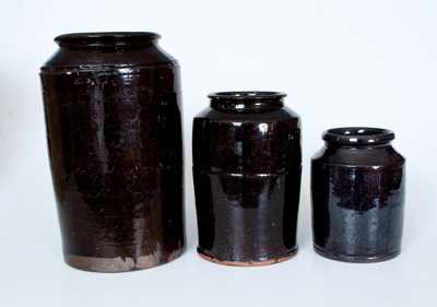 Lot of Three: Manganese-Glazed Cylindrical Redware Jars