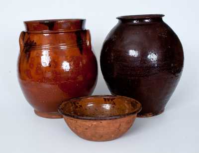 Lot of Three: Redware Vessels incl. Two Jars and One Bowl