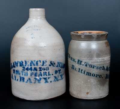 Lot of Two: Stoneware Vessels w/ Stenciled Advertising from BALTIMORE, MD and ALBANY, NY
