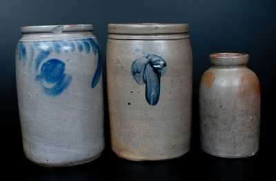 Lot of Three: Stoneware Jars incl. Southeastern PA Jar with Hanging Tulip, Baltimore Jars