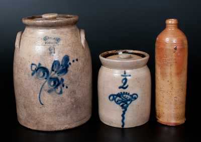 Lot of Three: Stoneware Vessels incl. TROY, NY POTTERY Jar, Lidded Jar att. New York State, German Bottle