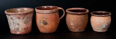 Lot of Four: Redware Vessels w/ Unglazed Exteriors incl. Flowerpot, Handled Jar, and Two Jars