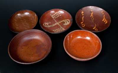 Lot of Five: Redware Dishes and Plates, Three with Yellow-Slip Decoration