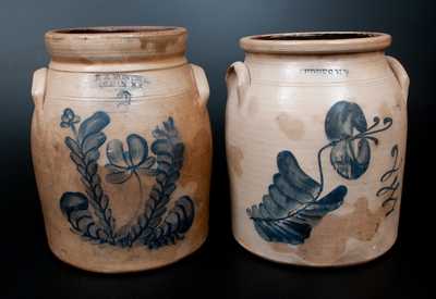 Lot of Two: Two-Gallon New York Stoneware Jars w/ Floral Decoration, E. A. MONTELL / OLEAN, NY and GEDDES, NY