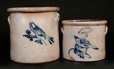 Lot of Two: Stoneware Crocks with Bird Decoration incl. HART BROS. / FULTON, NY Example