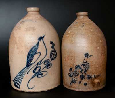 Lot of Two: Stoneware Bird Jugs, W. ROBERTS / BINGHAMTON and WHITES / UTICA, NY
