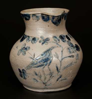 Extremely Important Putnam County, Indiana Stoneware Pitcher with Elaborate Incised Bird, 1844